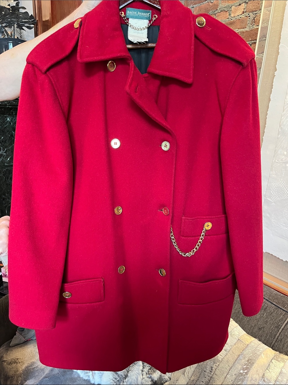 Harve Benard Red Double-Breasted Pea Coat with Chain Accent
